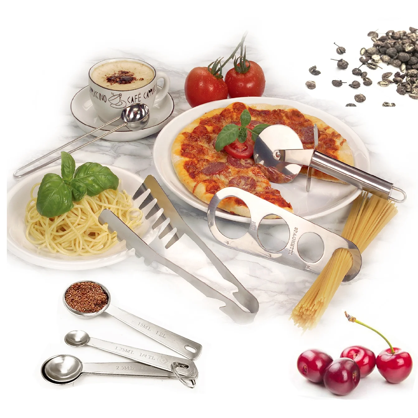 
Stainless Steel 5 Pcs Kitchen Tools Pasta Utensil Set With Pizza Cutter Spaghetti Tong Measure Tool 