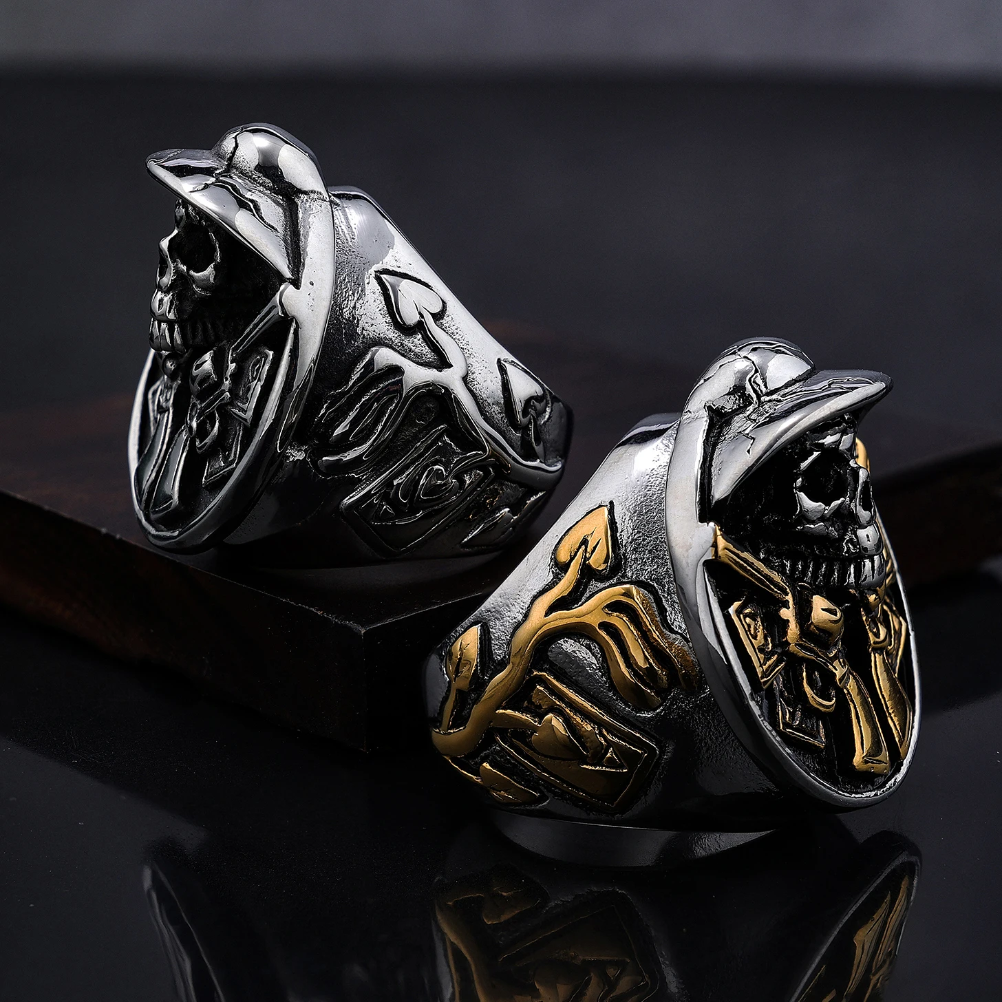big heavy stainless steel skull ring huge fashion double guns pistol soldier skull spade Ace King Black Jack poker rings for men