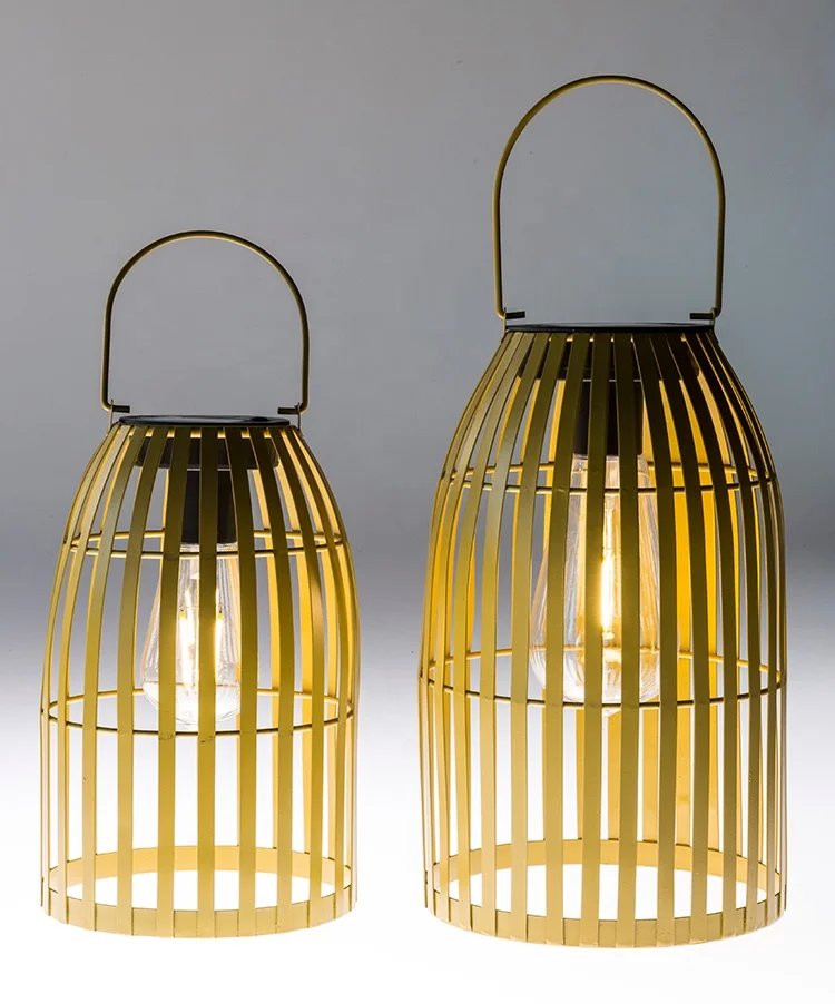 Kanlong outdoor garden bamboo solar metal lantern with plastic filament bulb and solar panel
