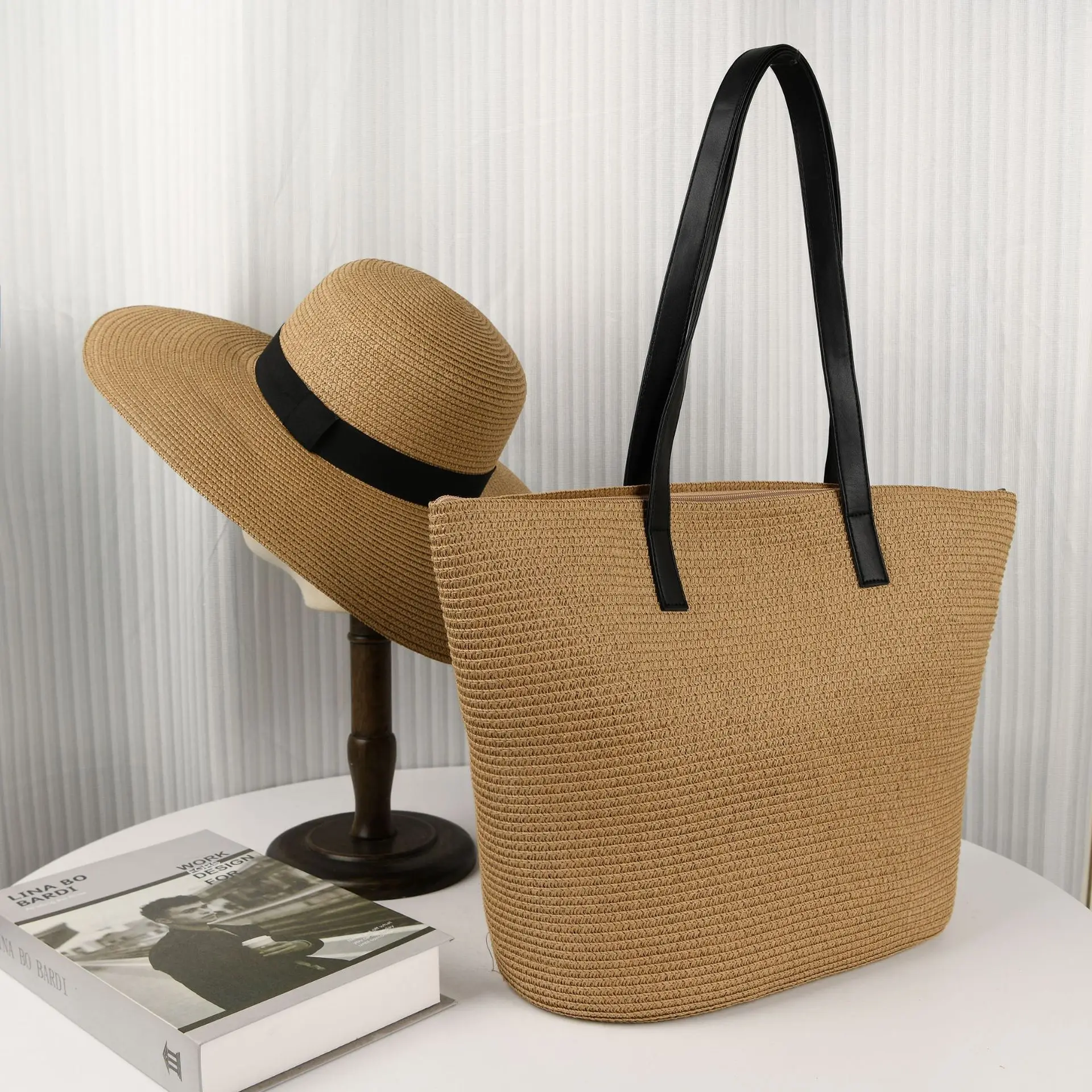 Niyang new design SS24 women summer holiday tropical sun beige camel striped paper straw beach bag and hat sets