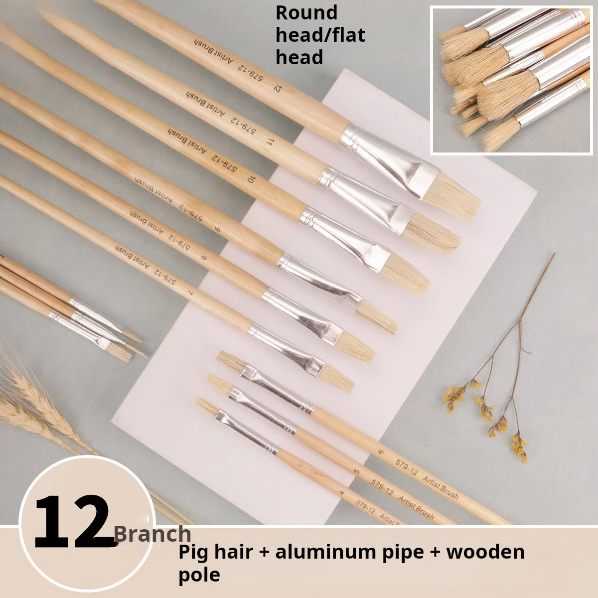 Opeth 12pcs Pig Hair Wooden Rod Brush Set,Professional Art Round Head Brush,Student Flat Head Oil Painting Brush