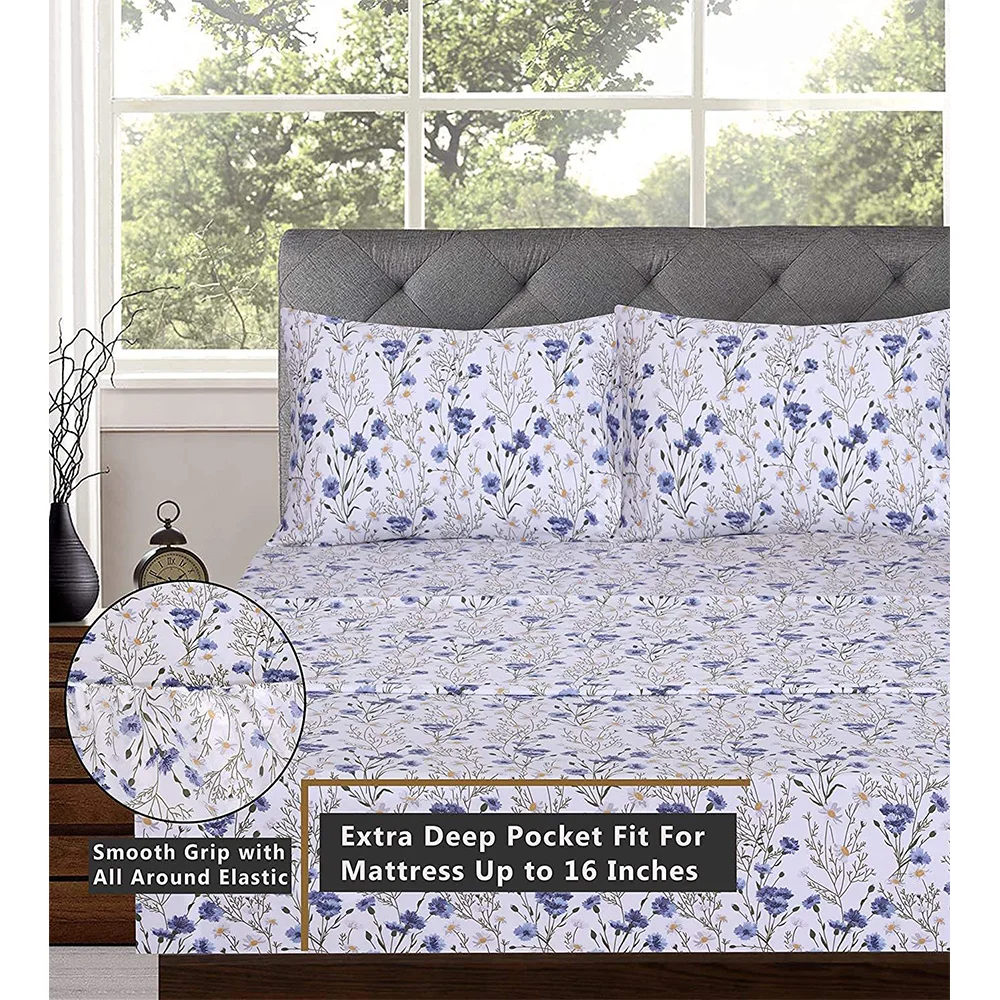 Extra Soft Brushed Microfiber Luxury Printed Waterproof Cool Bed Sheet Set With Flat Fitted Sheet Pillowcases