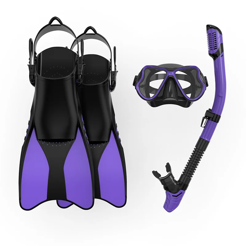 New design snorkeling equipment low volume dive gear set silicone scuba diving mask snorkel set with adjustable fins