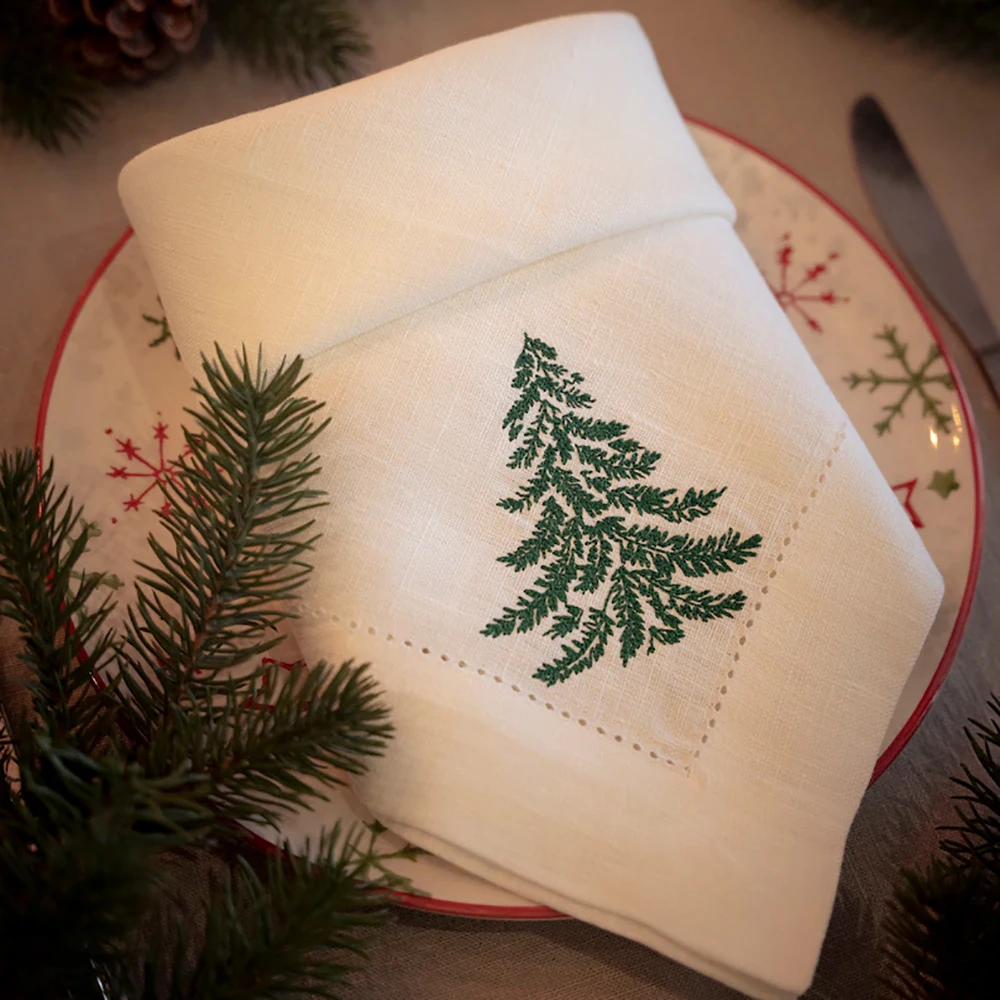 OEM ODM 100% linen table napkin  hand hemstitch embroidery Printed Dinner placemat for Wedding custom napkin