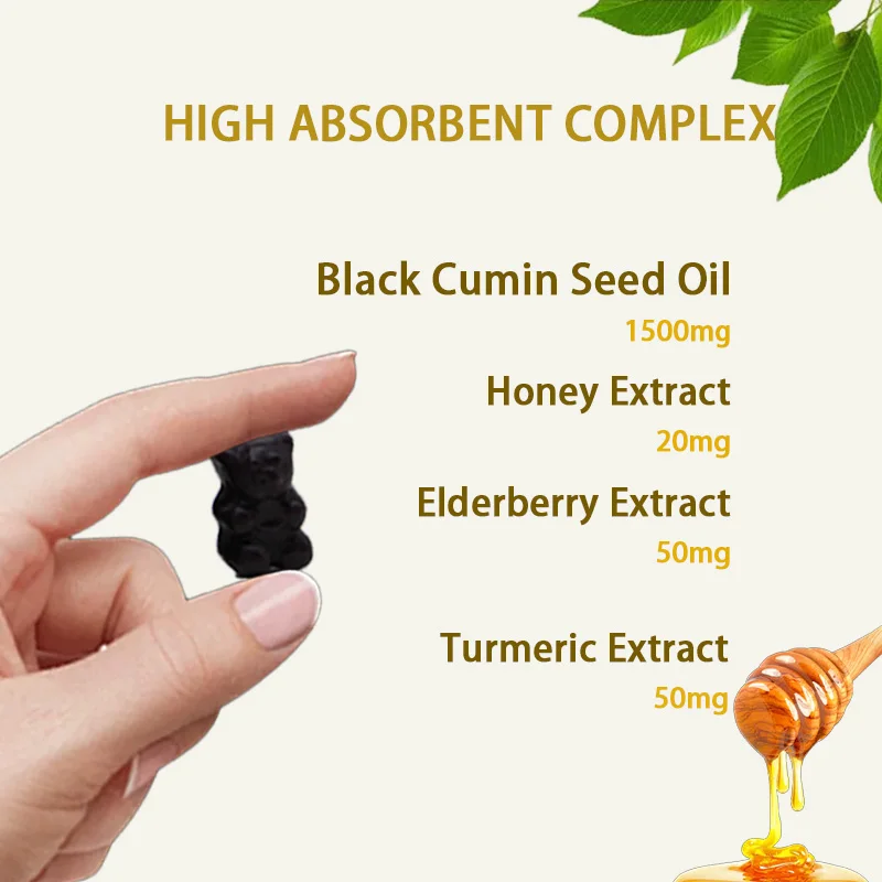Manufacturer Custom Label Herbal Supplements Immune Support Joints Digestion Hair and Skin Black Seed Oil Gummies