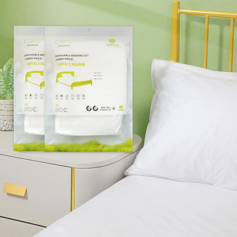 Biodegradable Bed Sheets Soft180x220 Disposable Bedding Set NBI Pp Nonwoven Fabric Travel Hotel Business DOT Customized 60 4 Pcs