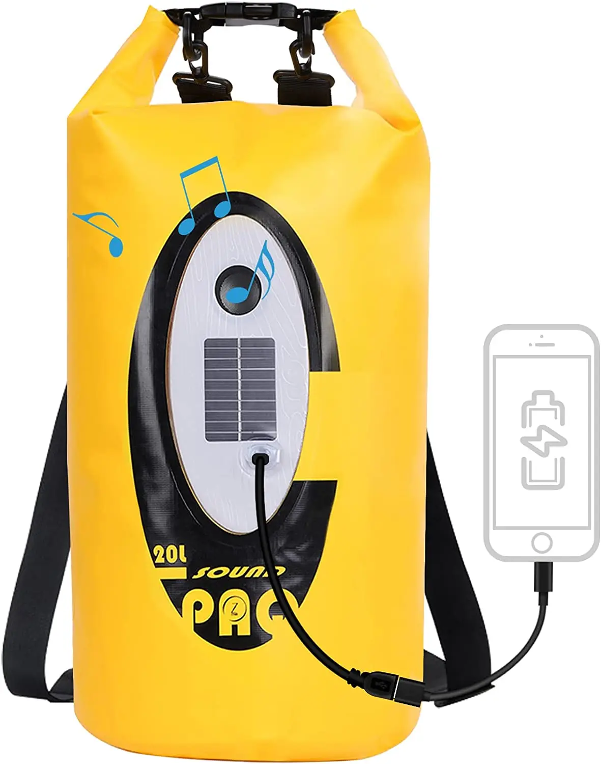 Dry Storage Bag Backpack with Speaker Solar Storage Emergency Light Transparent Roll Lightweight Waterproof LED PVC 20L 