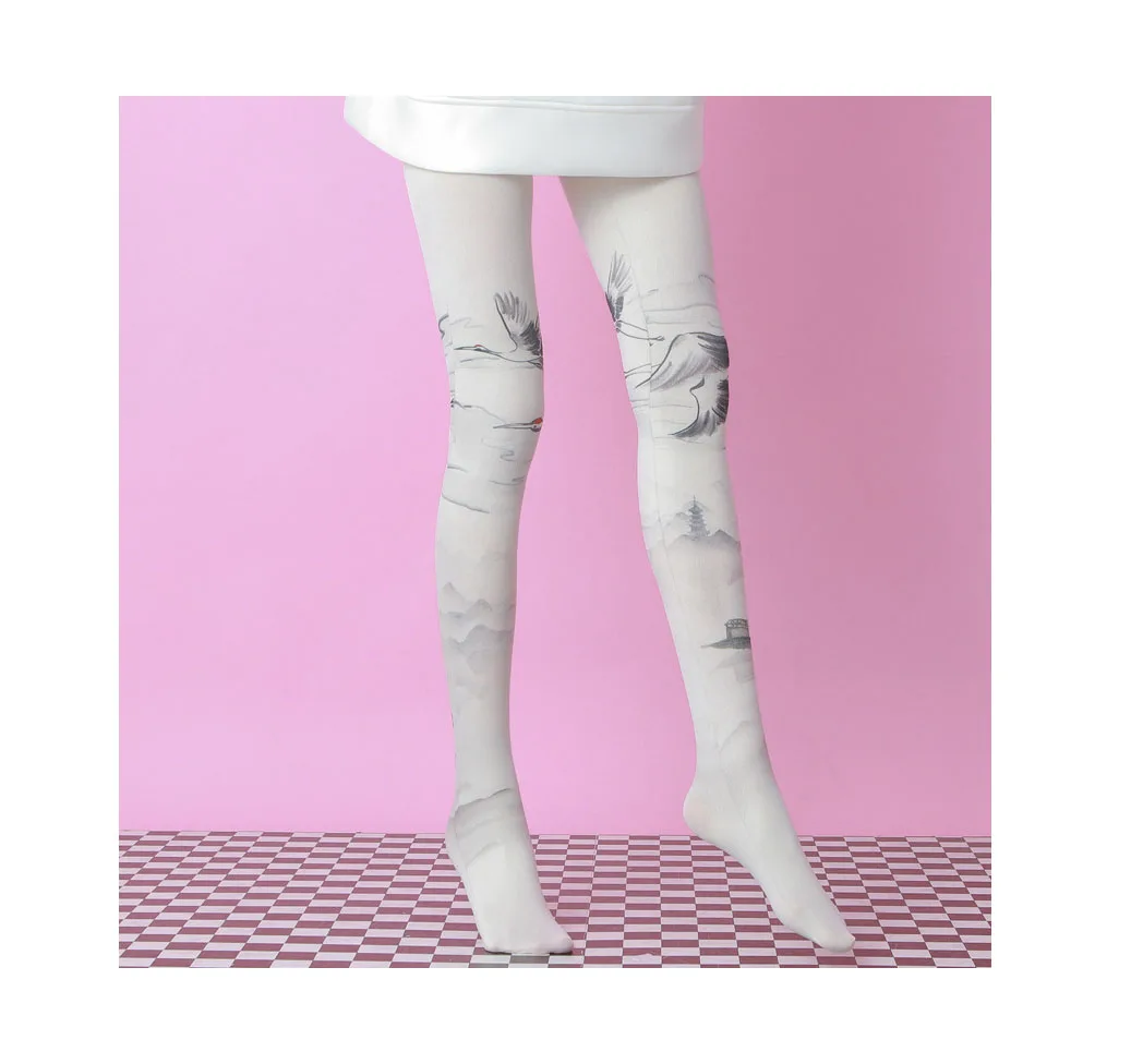 Chinese Ink Painting 360 Print Socks Custom Printed Pantyhose Women Seamless Tights