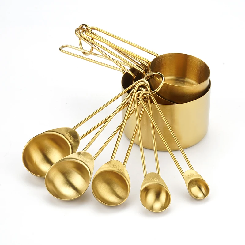 Golden Stainless Steel Measuring Cup and Spoon Set Stackable with Engraved Marking Ruler for Baking and Liquid Measure
