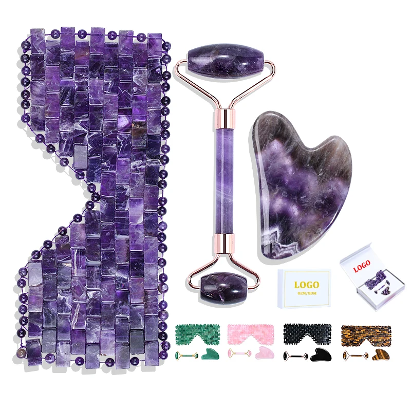 Rose Quartz Jade Roller Guasha Face Mask Skincare Set Custom Logo Natural Crystal Stone Facial Roller Gua Sha Mask Massager