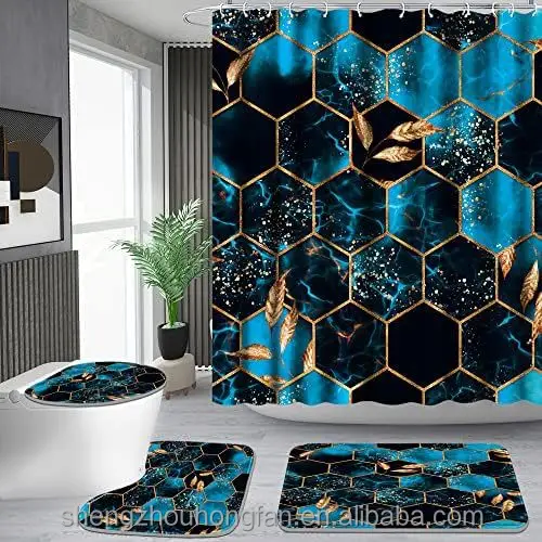 Bathroom Accessory Set, Including Non-Slip Rugs,Toilet Lid Cover and Bath Mat, Waterproof Shower Curtain,Honeycomb Marble