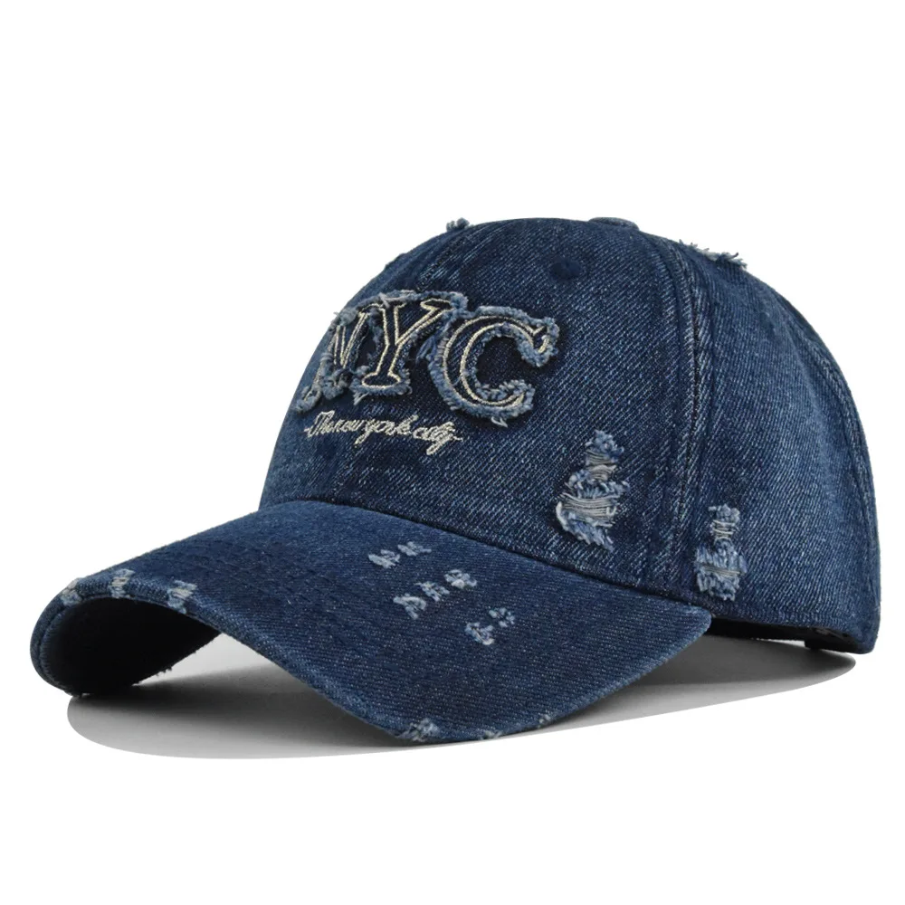 Baseball Hat  NYC Distressed Adjustable Strapback  Washed Denim Hat for men and woman