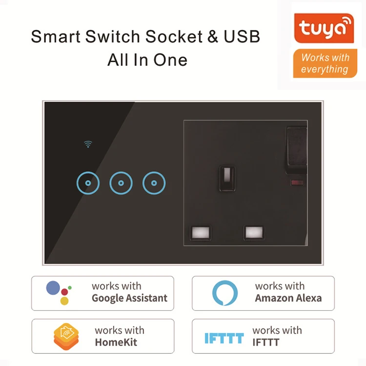 
Support Alexa and Google Home Switch Socket Tuya Wall WiFi 1/2/3Gang Smart Multifunctional US/UK/EU Switches And Socket 