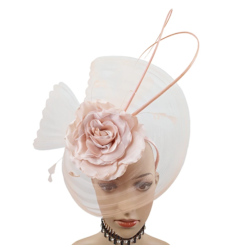 Женские туфли розового цвета в винтажном стиле Королевский Дерби шляп Sinamay волосы чародей вуаль повязка шляпа перо сетки аксессуары