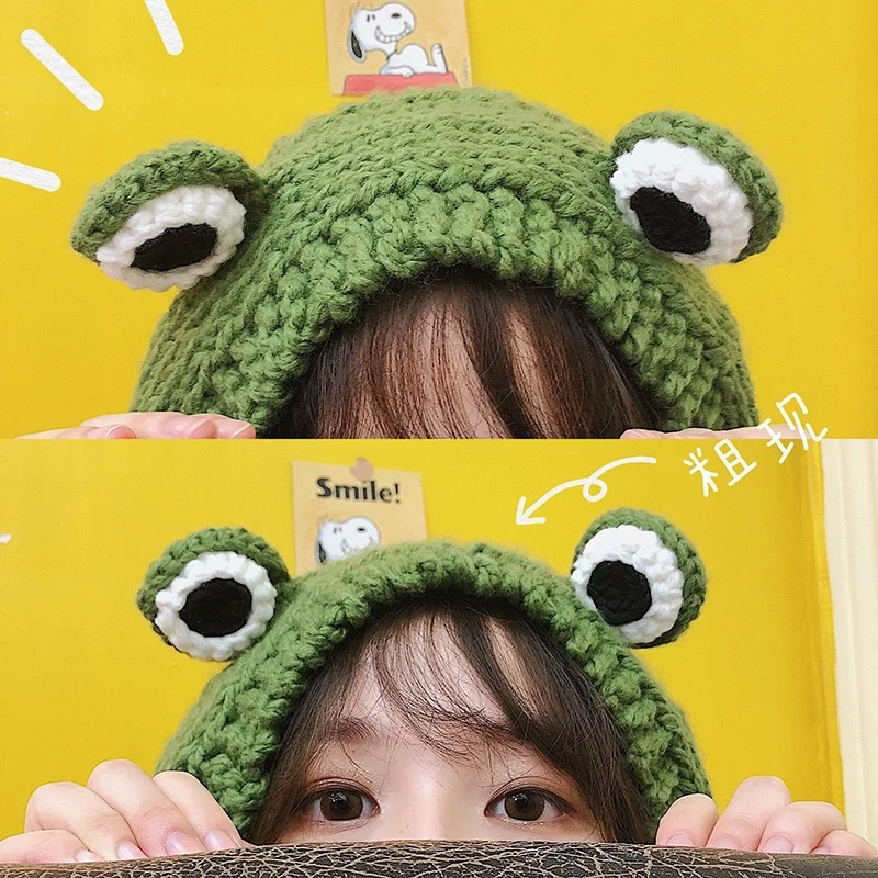 Women cute Girl cosplay Crochet Knitted Winter Headband Hat Beanie Cute Cartoon Frog Big Eyes Earflap Cap Photo Props