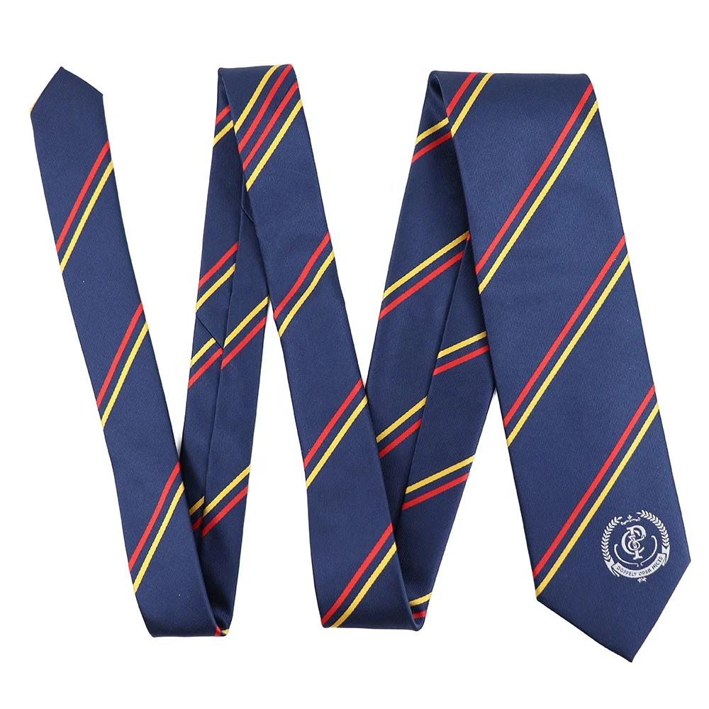 Custom Brand Logo Striped Microfiber Necktie Navy Blue Fashion Design Logo Tipping Polyester Tie For Business