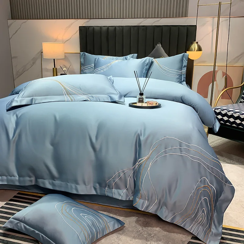 European style pure color embroidered washed silk 4-piece bed sheet and duvet cover set