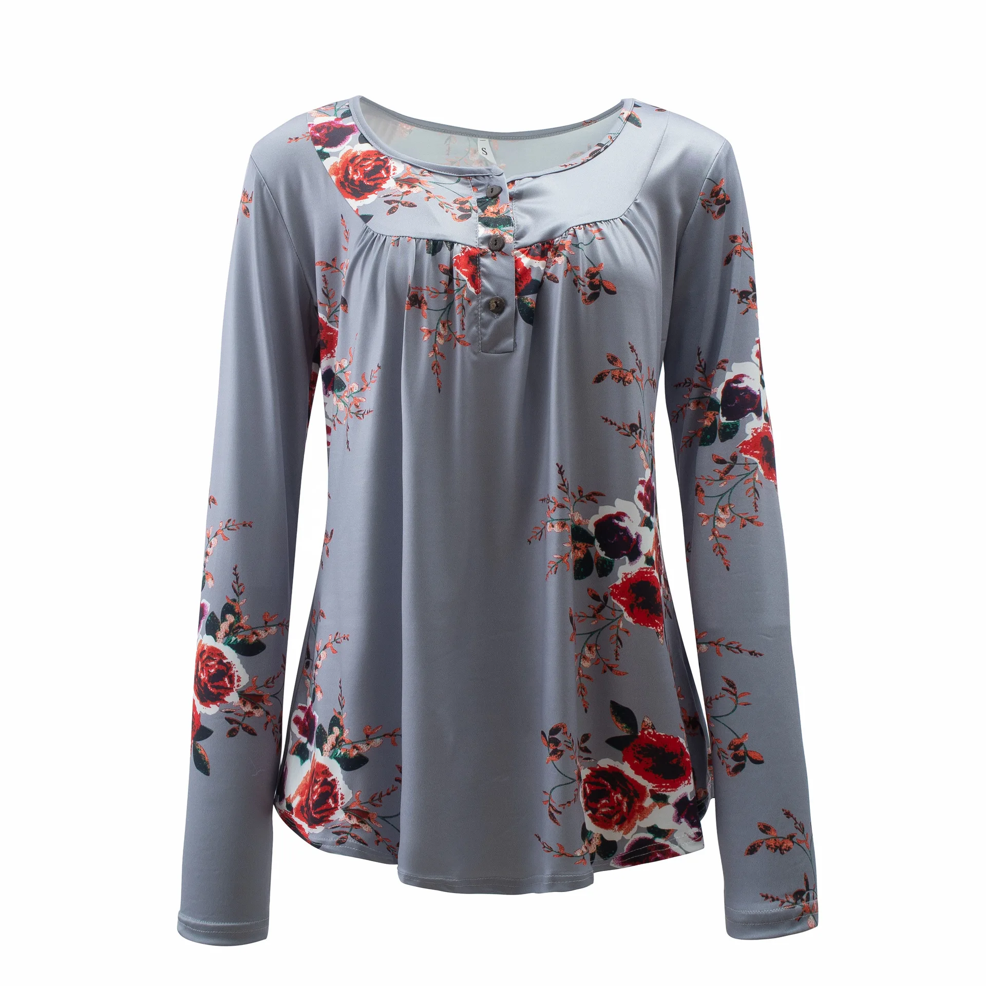 Amazon supplier OMJ OEM plus size casual floral print long sleeves shirts front buttons placket women blouse t shirt