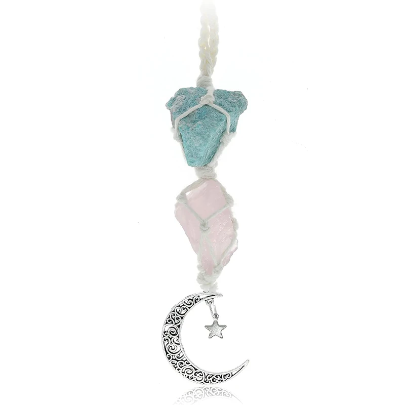 Hanging Car Charm - Rose Quartz - Dangling Moon & Healing Crystal Accessories, Rearview Mirror Decorations - Self-Love, Honesty