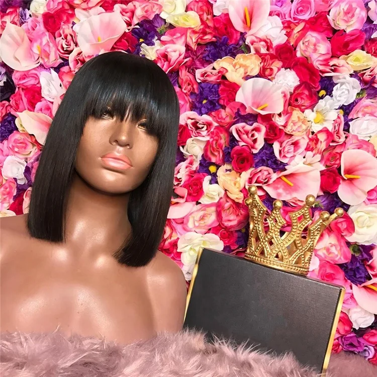 
Alisa Hair 180% Density Short Bob Wig Virgin Brazilian Human Hair Wig with Bangs 4*4 Lace Closure Wigs 