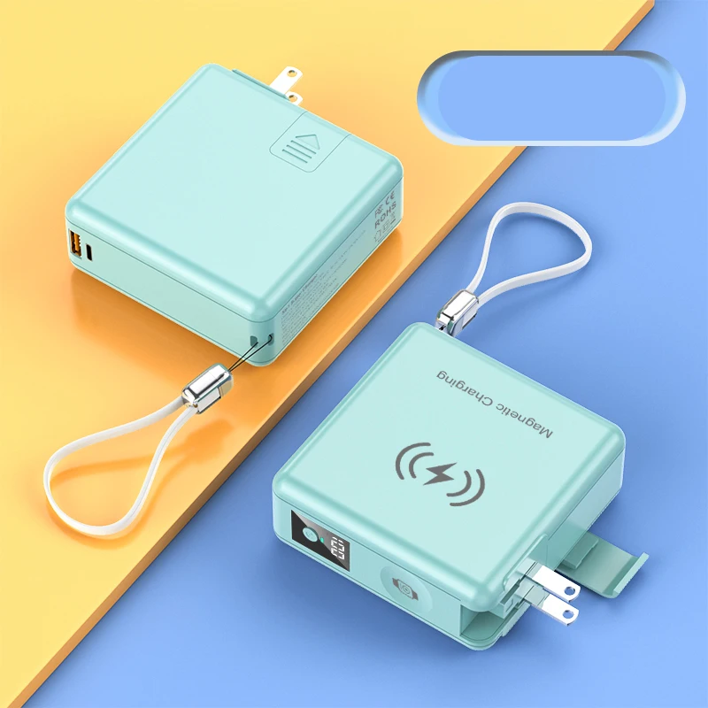 6 in 1 Wireless travel power bank Portable Fast Charger 15000mAh Built-in Cables AC plug LED Display External Battery Pack