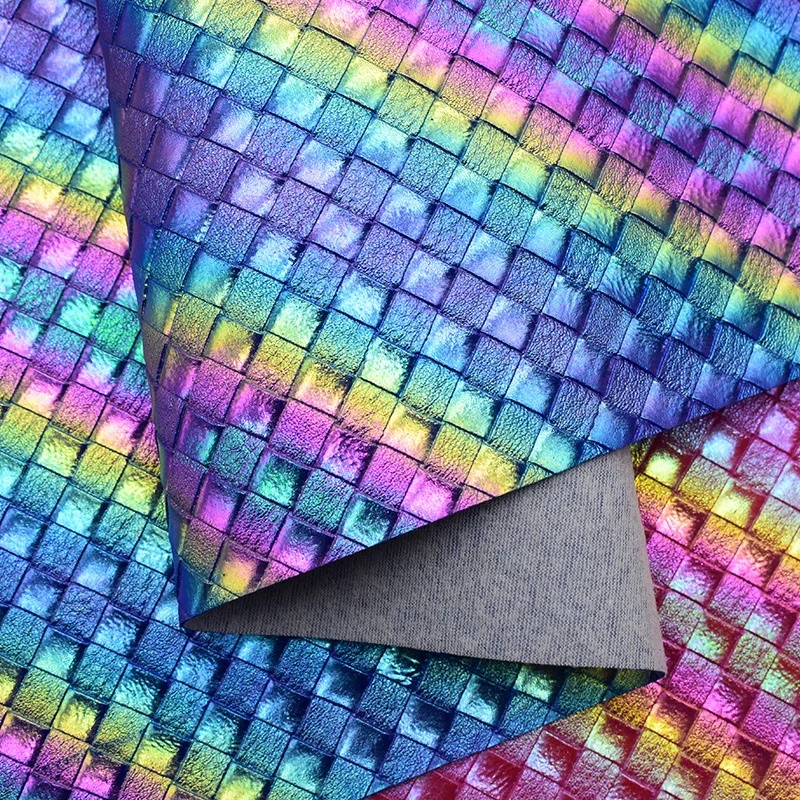 0.8MM Holographic Laser Rainbow Basket Woven Pattern PVC Artificial Synthetic Leather Rolls Fabric For Luggage Handbag Furniture