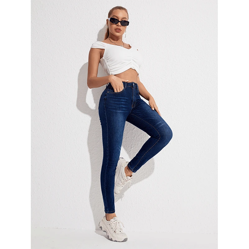 Hot Selling ladies Jeans Stretch Skinny Navy Blue Trousers Denim Fabric High Waist Women Jeans