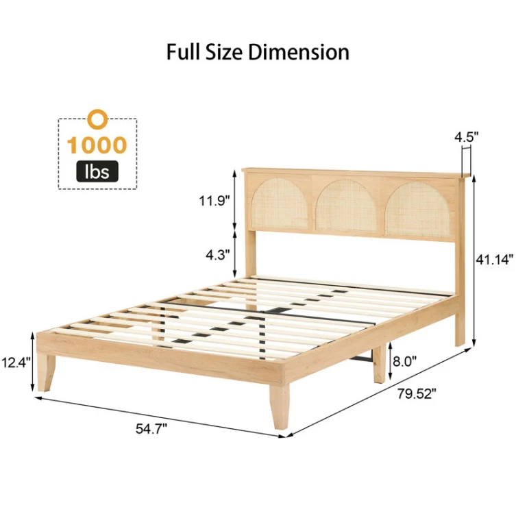 24 Years Factory Direct Bohemian Rattan Bed Frame  with Natural Rattan Headboard and  LED Lights