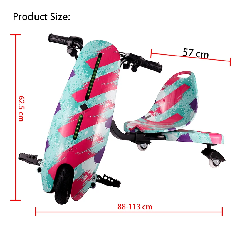 cheap high quality 360 degree drift go kart caster 36v 3 wheel electric kids drifting scooter trike rider with flashing PU