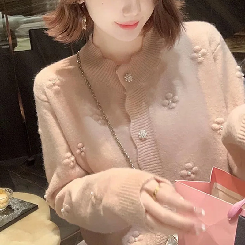 Flower Sweater Jacket nail Bead Knitted Cardigan japanese College Style Sweater