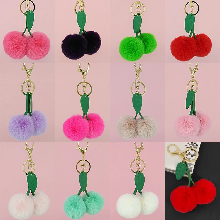 Lovely Key Bag Charms Rabbit Plush Pom Pom Fruit Cherry Pendant Keychain For Women Backpack