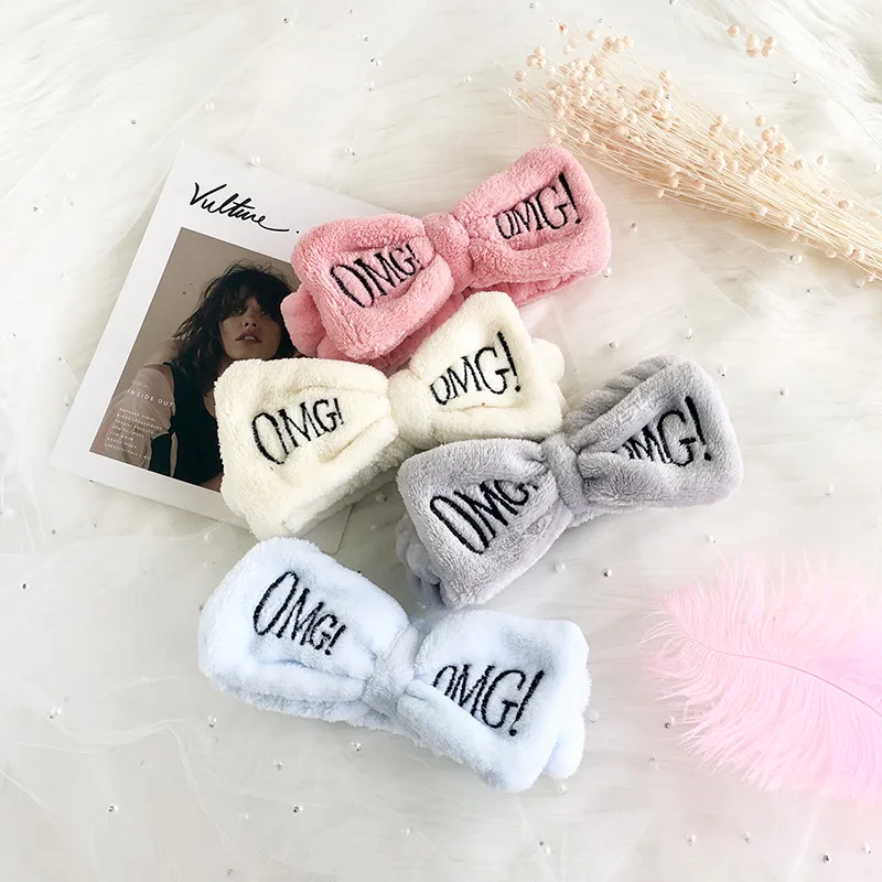 2020 New OMG Letter Coral Fleece Wash Face Bow Hairbands For Women Girls Headbands Headwear Hair Bands Turban Hair Accessories