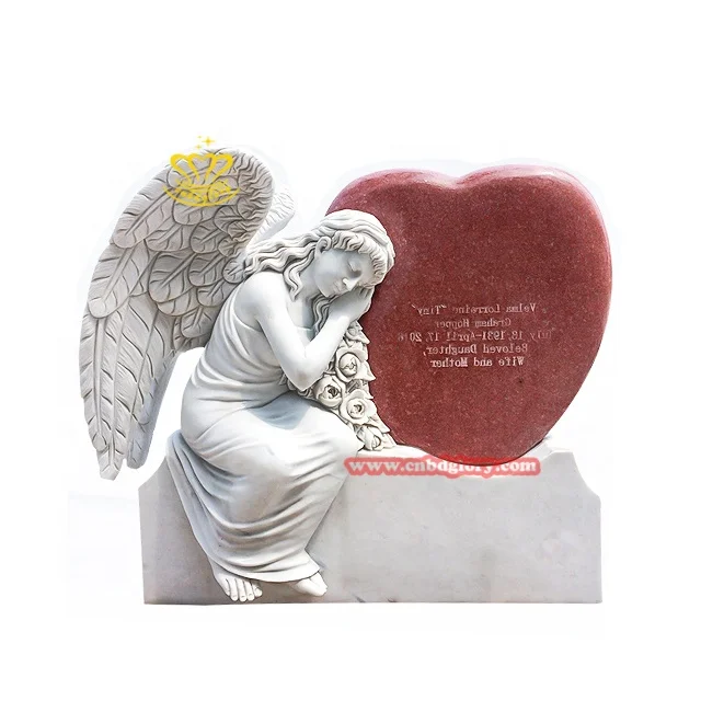 Simple Design Marble Angels Statues Headstone Granite And Red Hearts Tombstone (1600222985977)