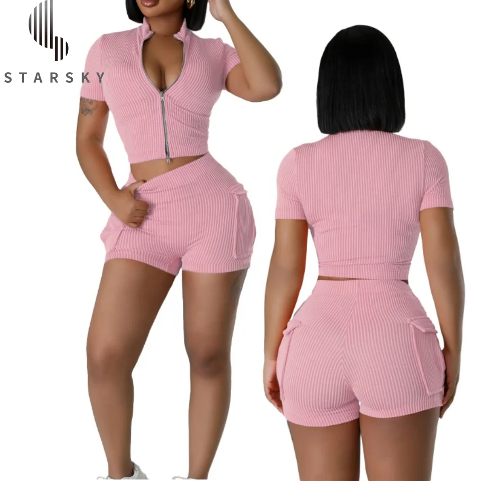 2024 Women Summer Casual Top Match Mini Short Fashion Two-Way Zipper 2 Pieces Set