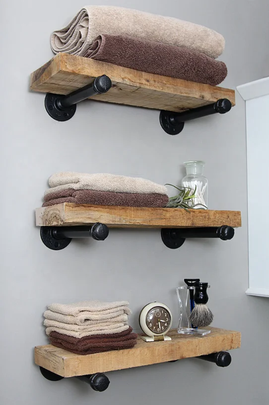 Huge Industrial iron pipe used for Rustic Urban Pipe Wall 3 Tiers Wooden Shelves