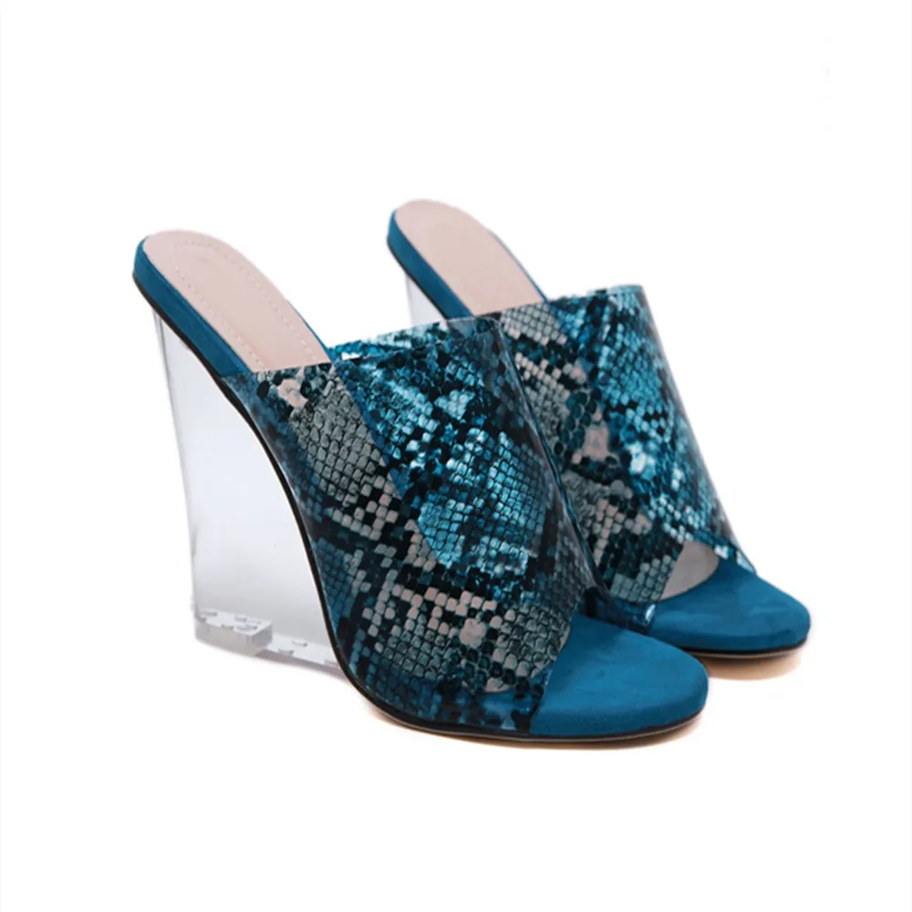 
DEleventh shoes women New see-through Serpentine Crystal Wedges Super High Heel Mueller Shoes 3 colors black blue brown 