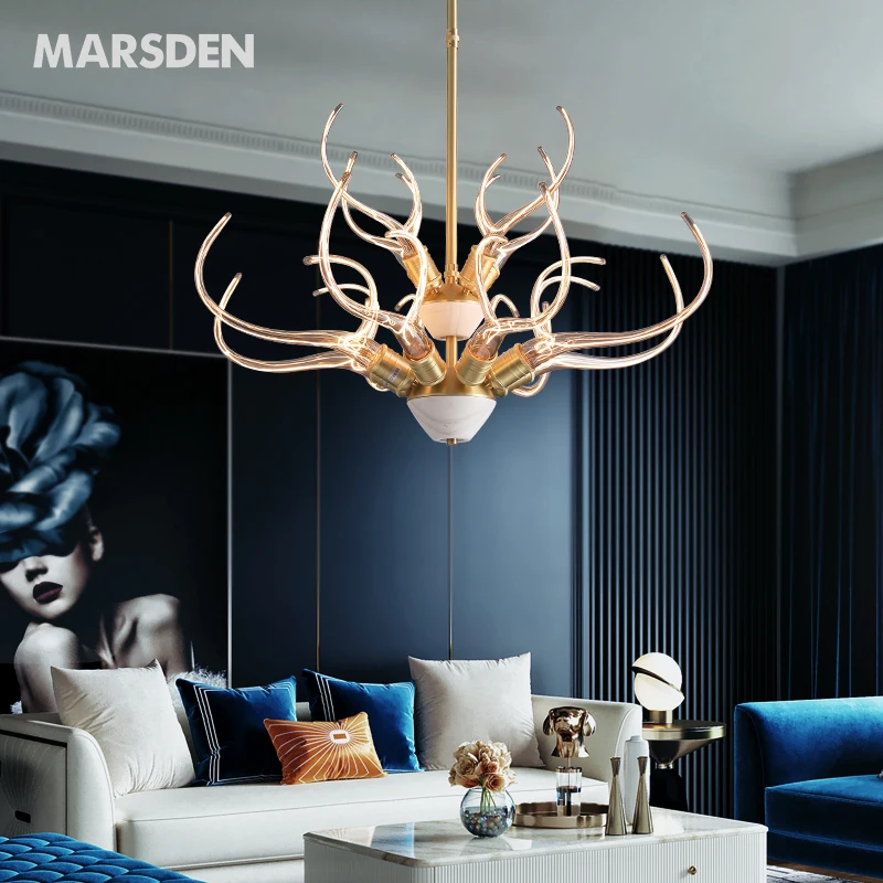 Modern luxury decor antler deer e27 bulb ceiling hanging bronze led pedant light copper brass fancy chandelier lamp