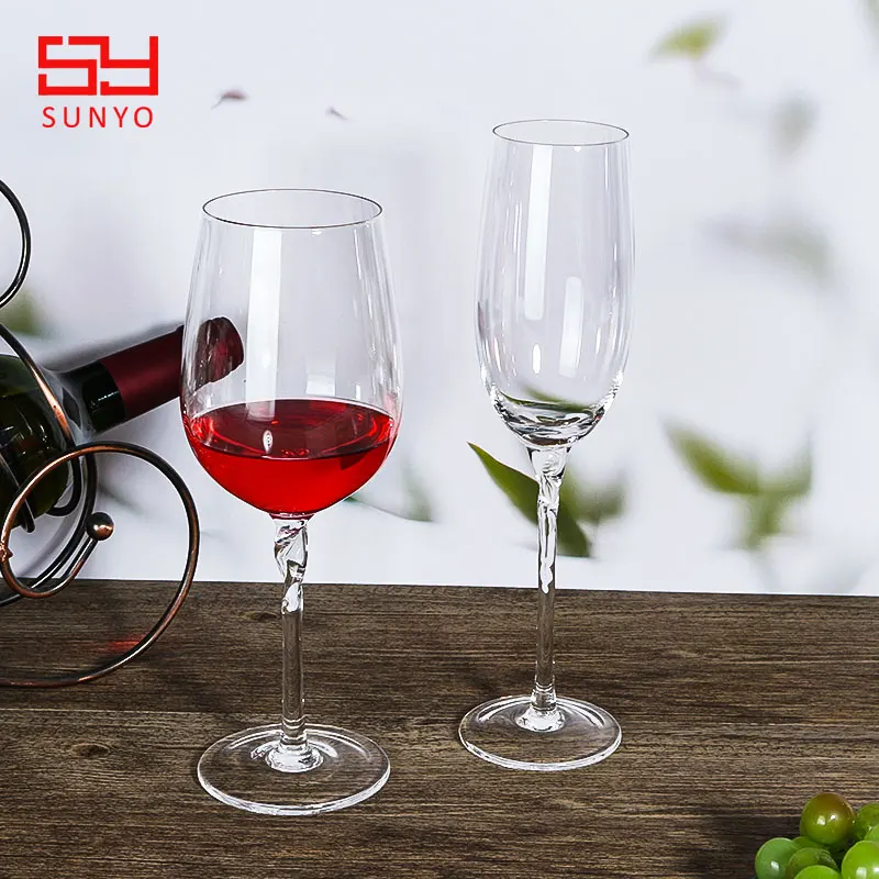 SUNYO Crystal Customize Logo Blank Drinking Set Wedding Hand Crafted Twist Stem Champagne White and Red Wine Glass Cup