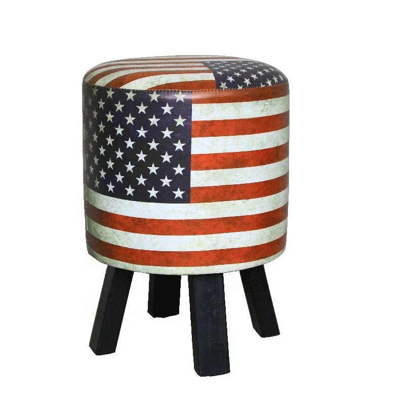 Round Upholstered Fabric Ottoman Home Foot Stool Rest Creative Retro Corner Bench with 4 Iron Metel Legs for Living Room