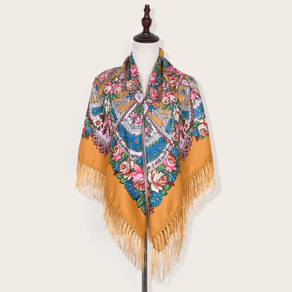 Ethnic Style Oversized Fringed Scarf Autumn Winter Twill Cotton Ladies Retro Print Square Scarf Air Conditioning Shawl 135X135cm