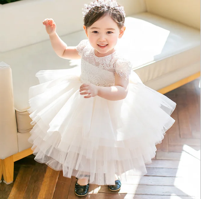 Latest Newborn Baby Girl Short Sleeve Baptismal Dress White Lace Bowknot Skirt Tutu Dress for Baby Shower
