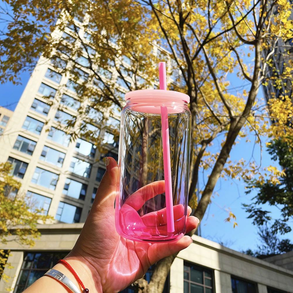 USA Warehouse Kids Gradient Colored Acrylic Beer Cups Can Ombre Jelly 16oz Plastic Can Water Bottle With Colorful Pp Lids