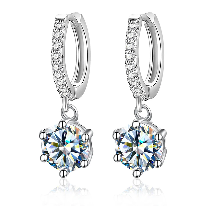 Classic 1ct  Moissanite Diamond Hoop Earrings 925 Sterling Silver Six Claws Drop Design Fine Jewelry