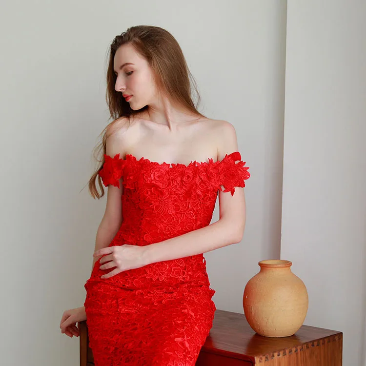 OEM ODM strapless cutty sleeve 3d flowers appliques red women birthday party wear gown dress long evening dresses fish cut