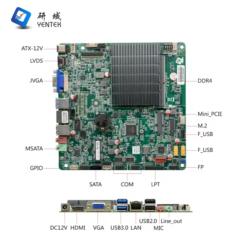 YENTEK Intel Celeron J4125 industrial motherboard with processor DDR4 MSATA VGA HD LVDS LAN 2 COM mini itx motherboard