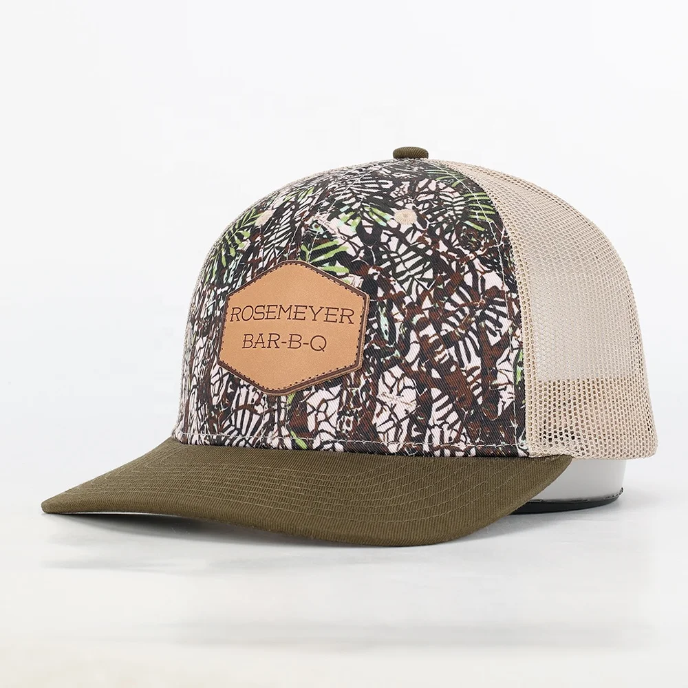 Custom Leather Patch Logo Mesh Gorras Wholesale High Quality Cotton 6 Panel Sports Camo Hat Oem Woven Patch Outdoor Trucker Cap