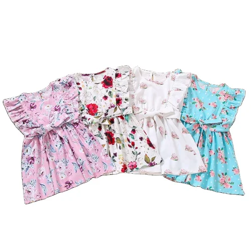 
2021 Hot Selling 4 Color Summer New Children Clothing Amazon Ins Princess Sleeveless O Neck Flower Printed Girls Dresses 