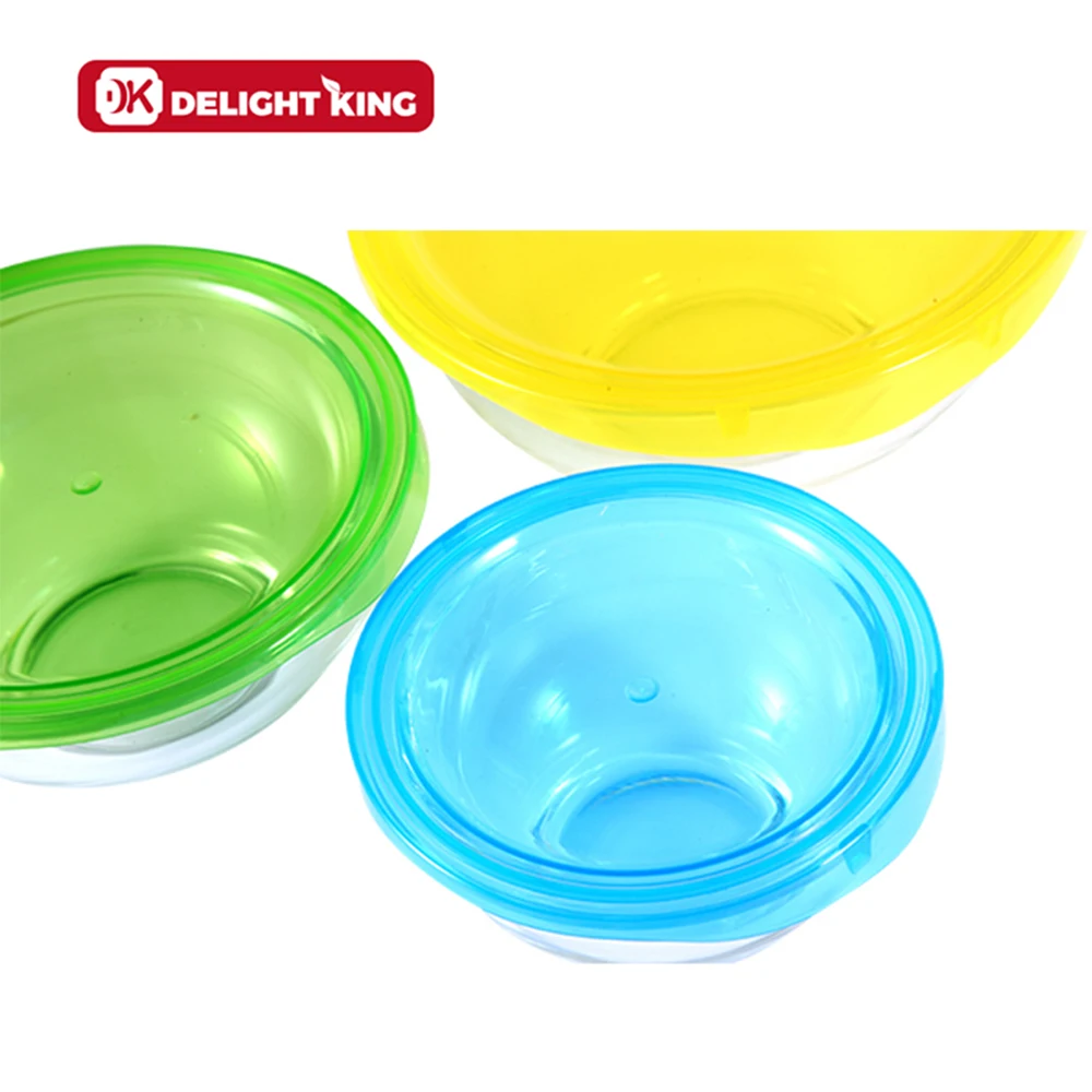 3pcs High borosilicate round glass salad bowl mixing bowl with plastic lid bakeware set glass bowl with lid