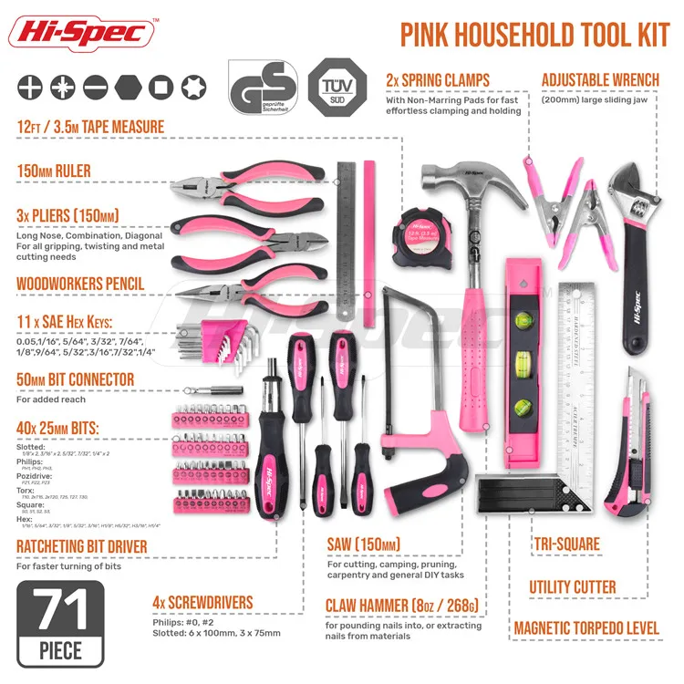 Hi-Spec 71 Piece Pink Lady Tool Set Hand Tool Kit including Screwdriver, Claw, Hammer & more for Home DIY in a Storage Box