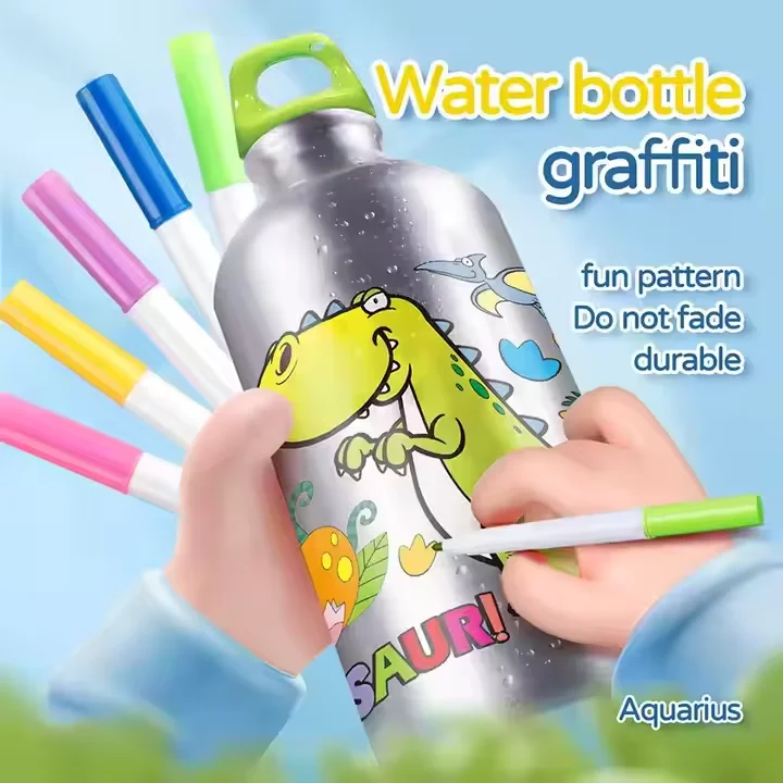 Newest DIY  Pretend play toy for kids DIY Drawing toy Dinosaur  water bottle Food-grade aluminium material BPA free